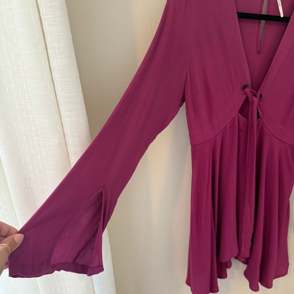 Free‎ People Mini Dress Long Sleeve Tie Front Bell Sleeve Purple Dress - Picture 4 of 10